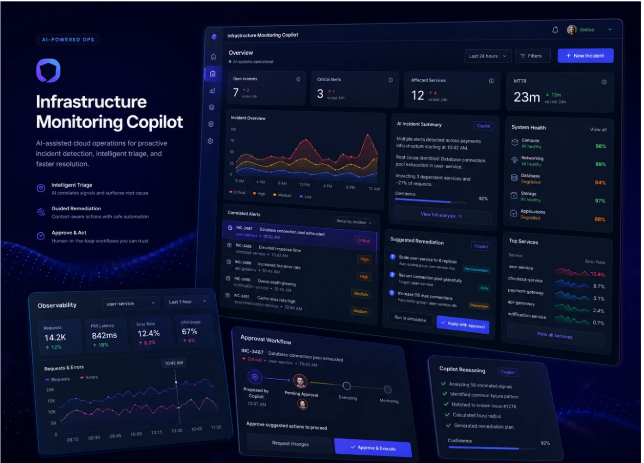 Infrastructure Monitoring Copilot dashboard for AI-assisted incident triage and human-approved remediation